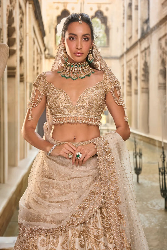 Seema Gujral - Beige &amp; Gold Lehenga Set