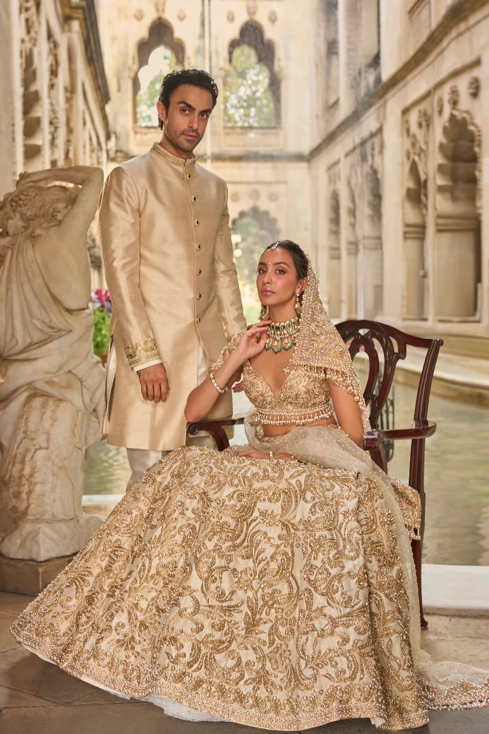 Seema Gujral - Beige &amp; Gold Lehenga Set