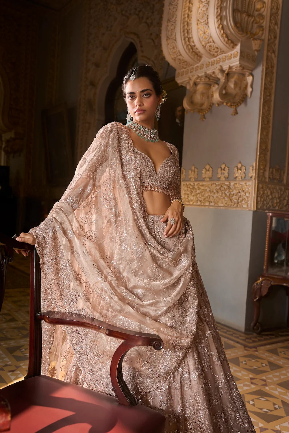 Seema Gujral - Rose Gold Tissue Lehenga Set