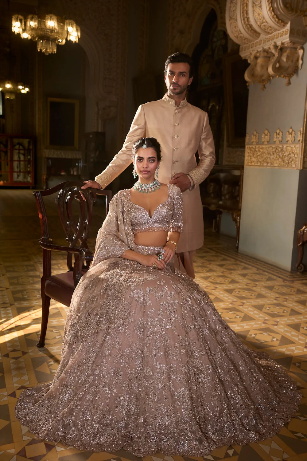 Seema Gujral - Rose Gold Tissue Lehenga Set