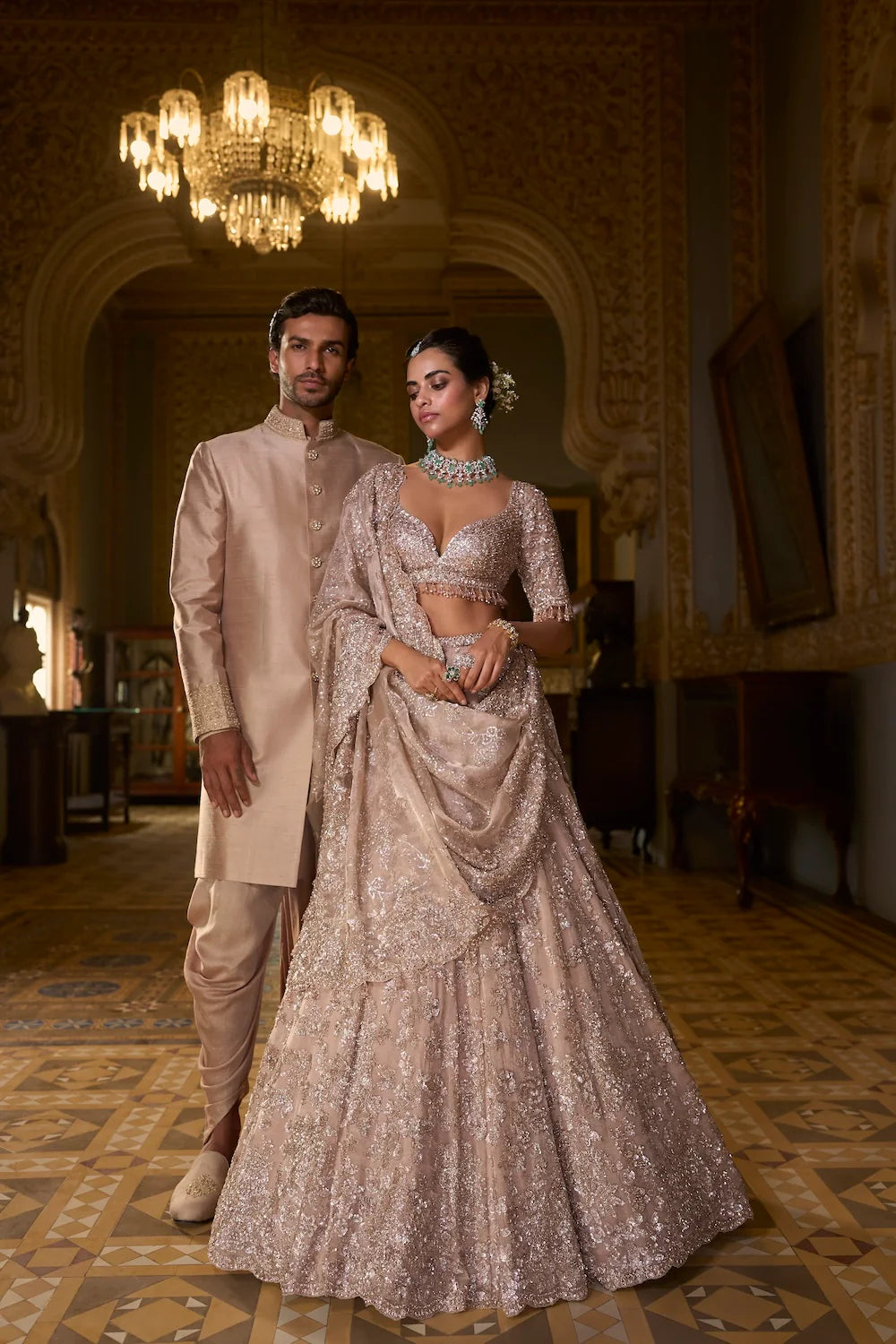 Seema Gujral - Rose Gold Tissue Lehenga Set