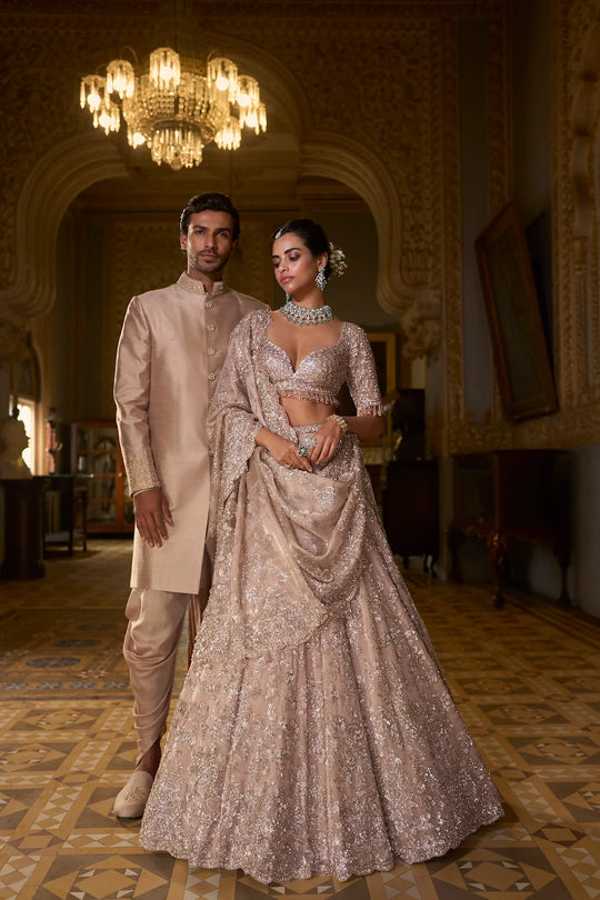 Seema Gujral - Rose Gold Tissue Lehenga Set