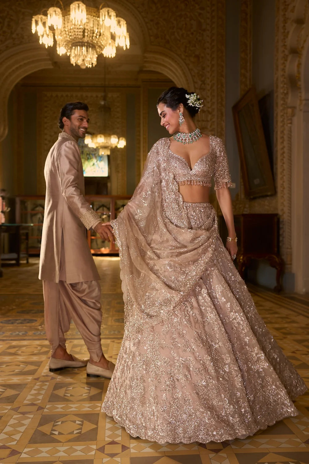 Seema Gujral - Rose Gold Tissue Lehenga Set