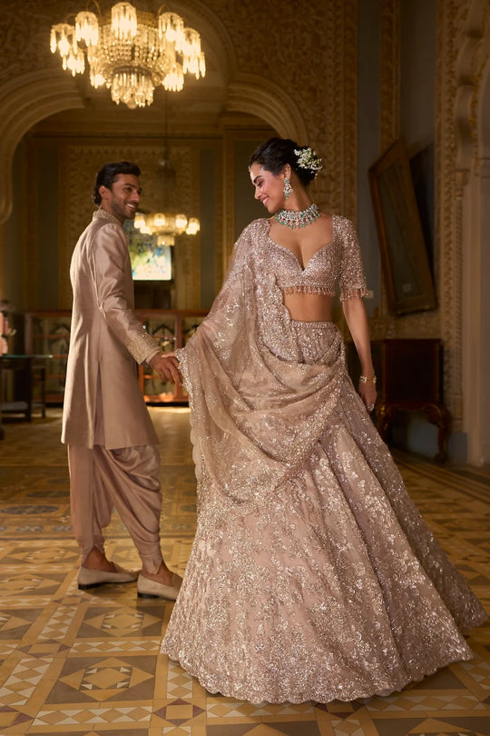 Seema Gujral - Rose Gold Tissue Lehenga Set