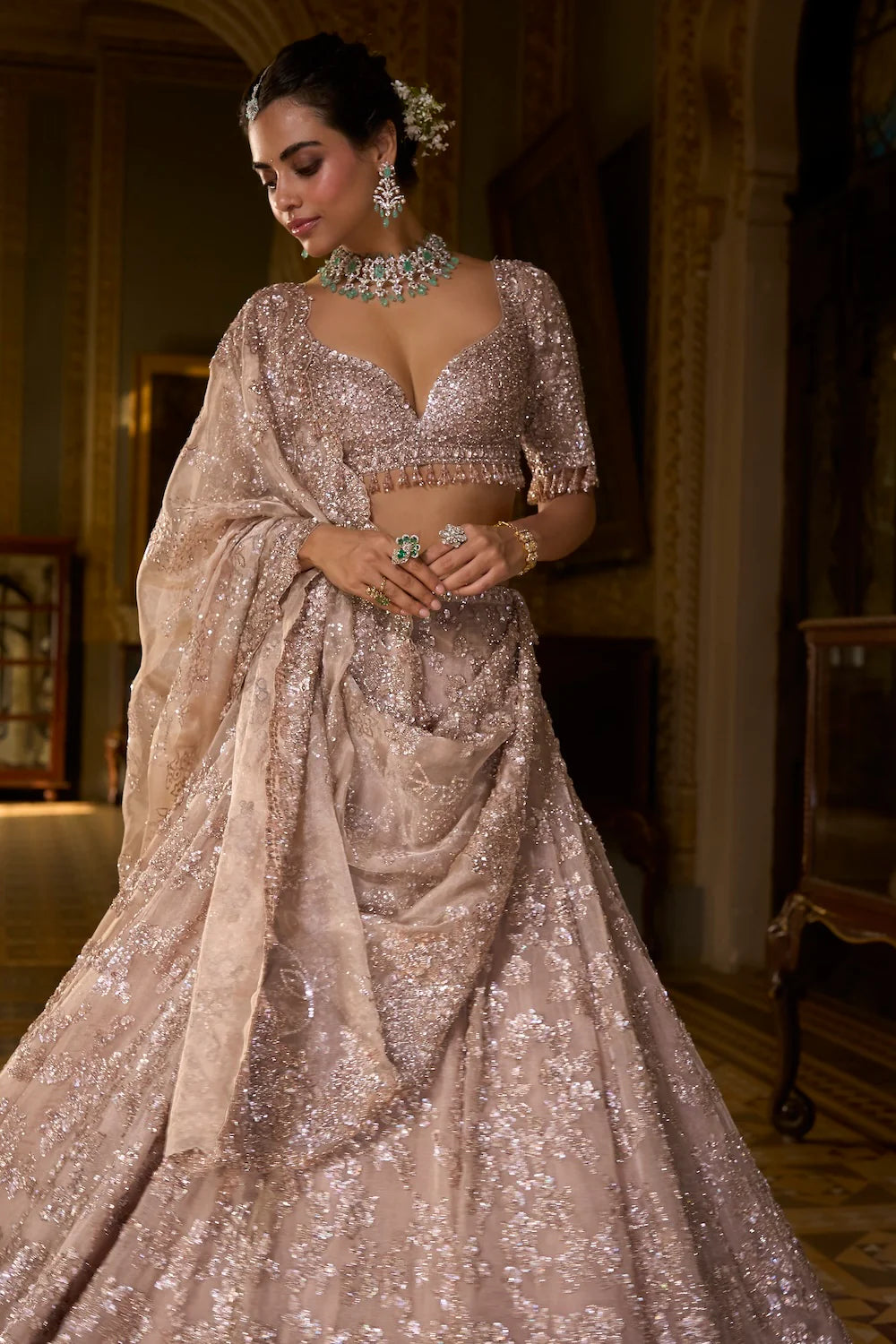 Seema Gujral - Rose Gold Tissue Lehenga Set