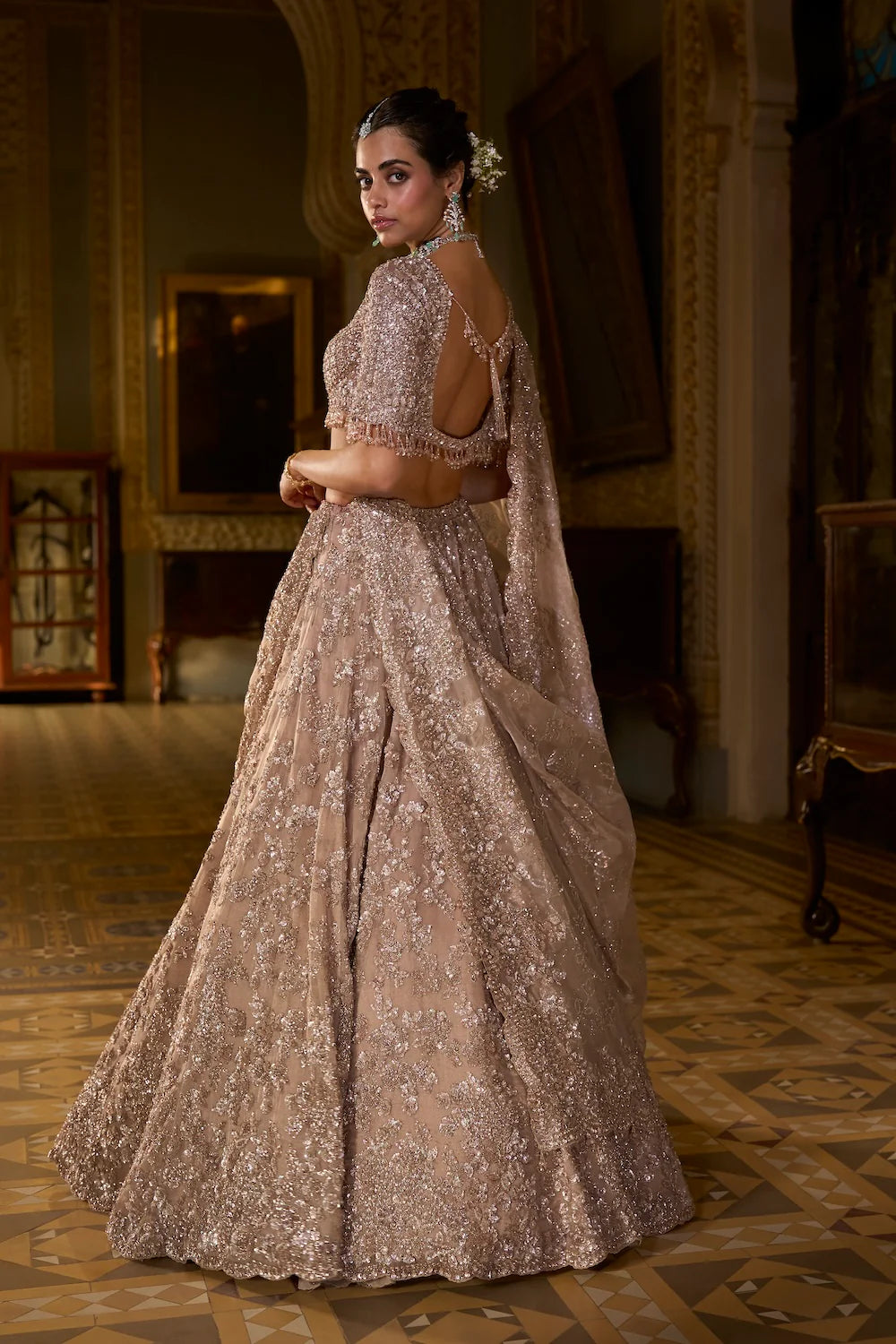 Seema Gujral - Rose Gold Tissue Lehenga Set
