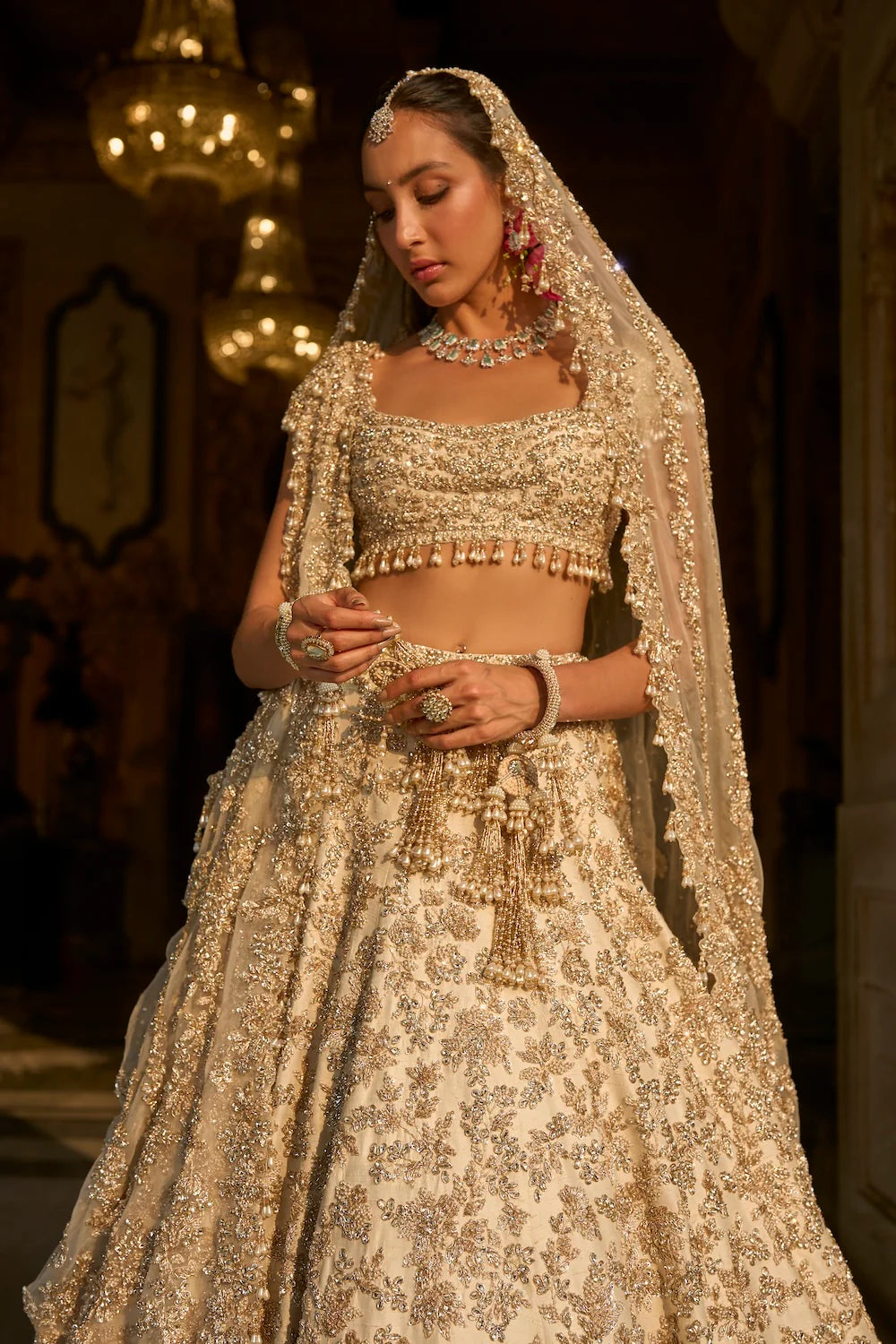 Seema Gujral - Ivory Gold Floral Zardosi Lehenga Set