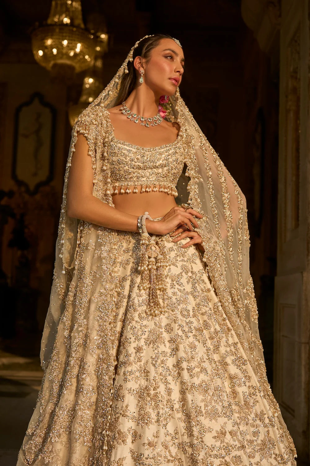 Seema Gujral - Ivory Gold Floral Zardosi Lehenga Set