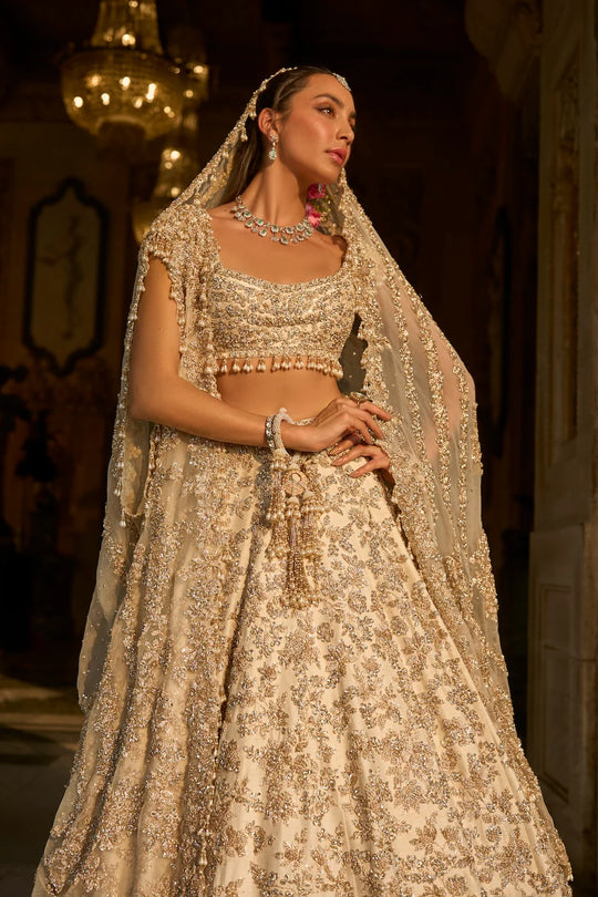 Seema Gujral - Ivory Gold Floral Zardosi Lehenga Set