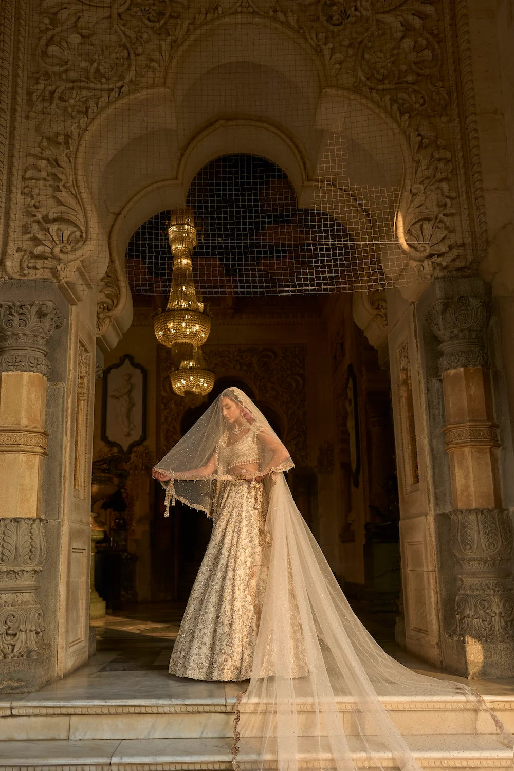 Seema Gujral - Ivory Gold Floral Zardosi Lehenga Set