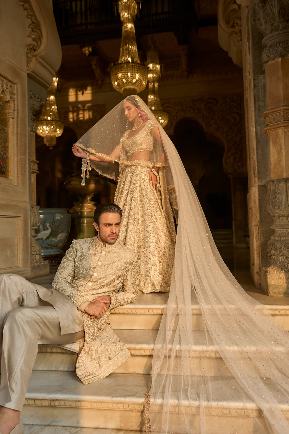 Seema Gujral - Ivory Gold Floral Zardosi Lehenga Set