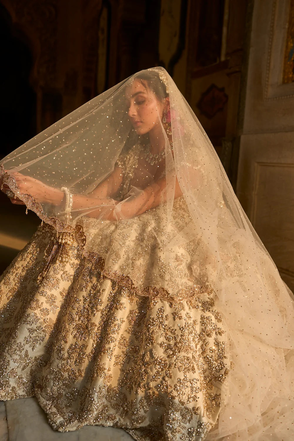 Seema Gujral - Ivory Gold Floral Zardosi Lehenga Set