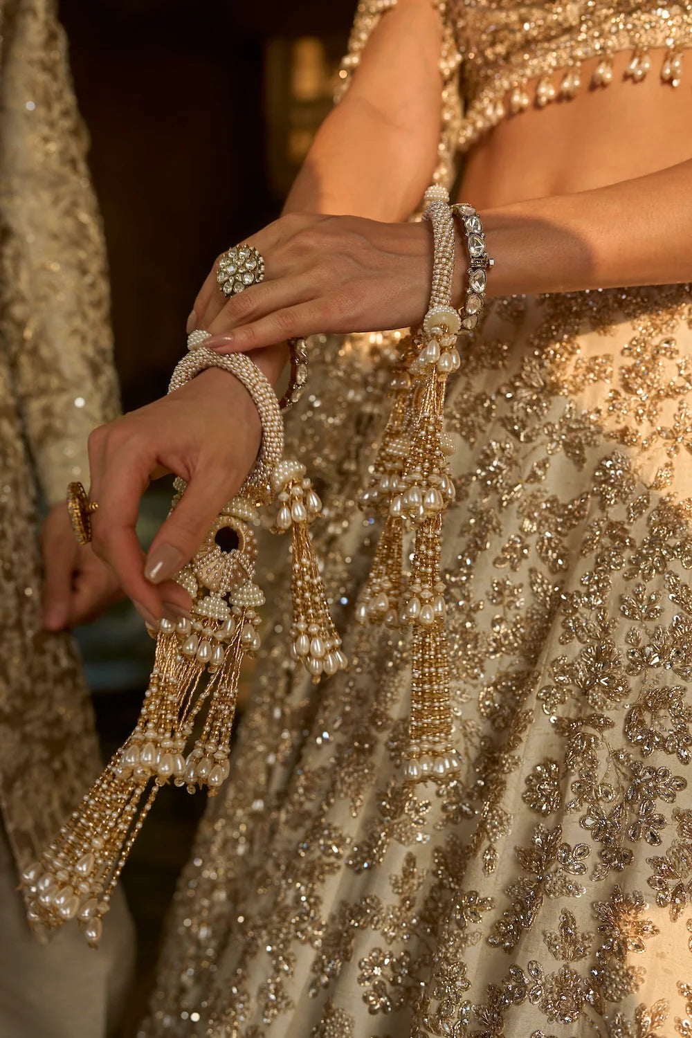 Seema Gujral - Ivory Gold Floral Zardosi Lehenga Set