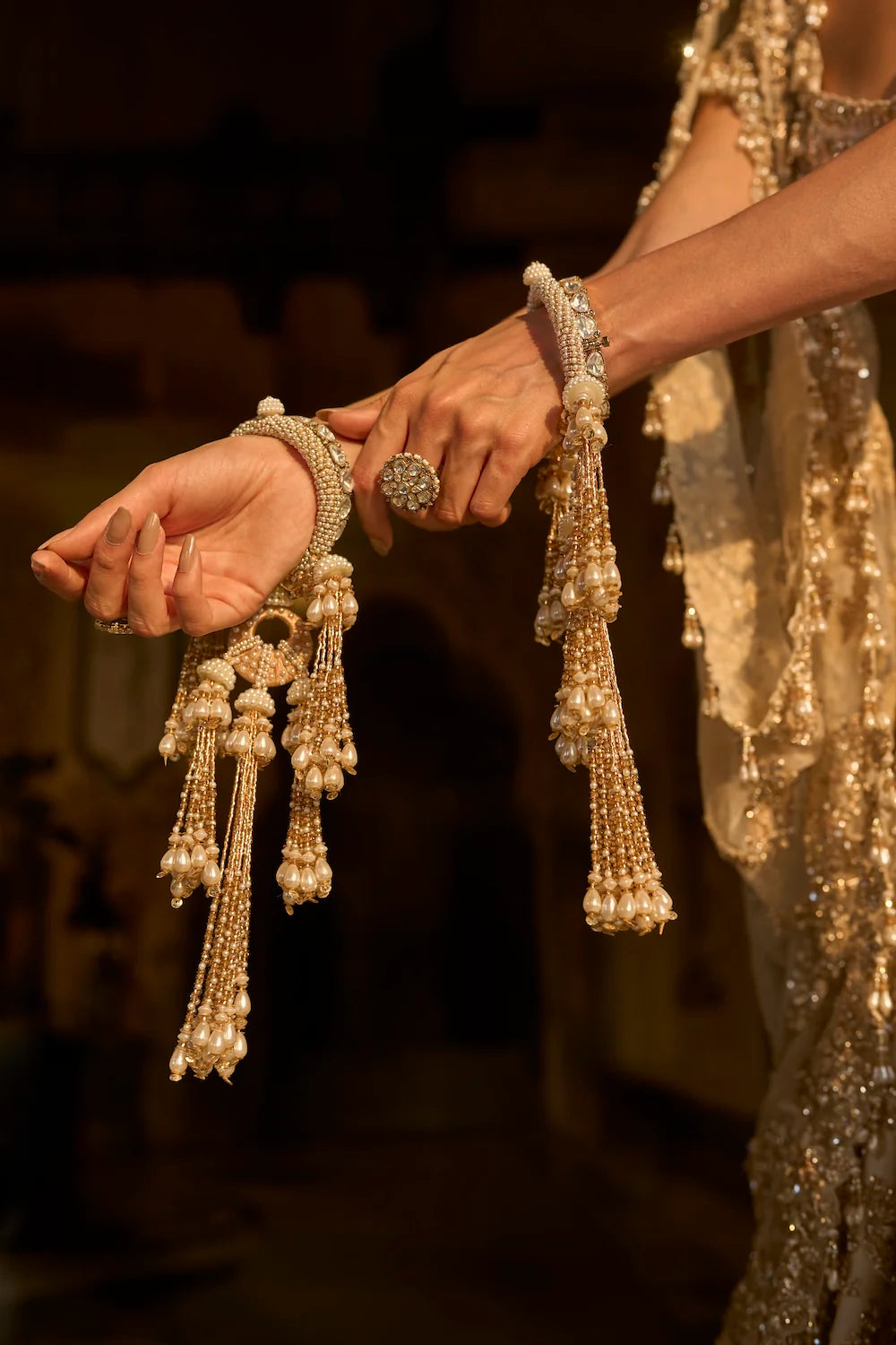 Seema Gujral - Ivory Gold Floral Zardosi Lehenga Set