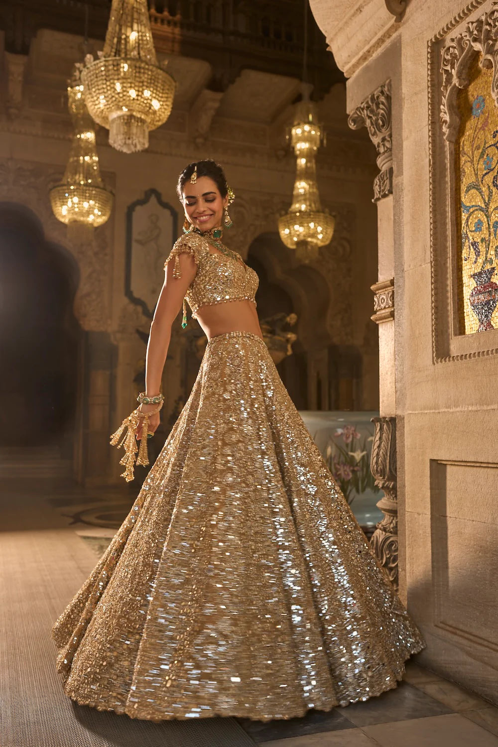 Seema Gujral - Gold Mirror Work Lehenga Set