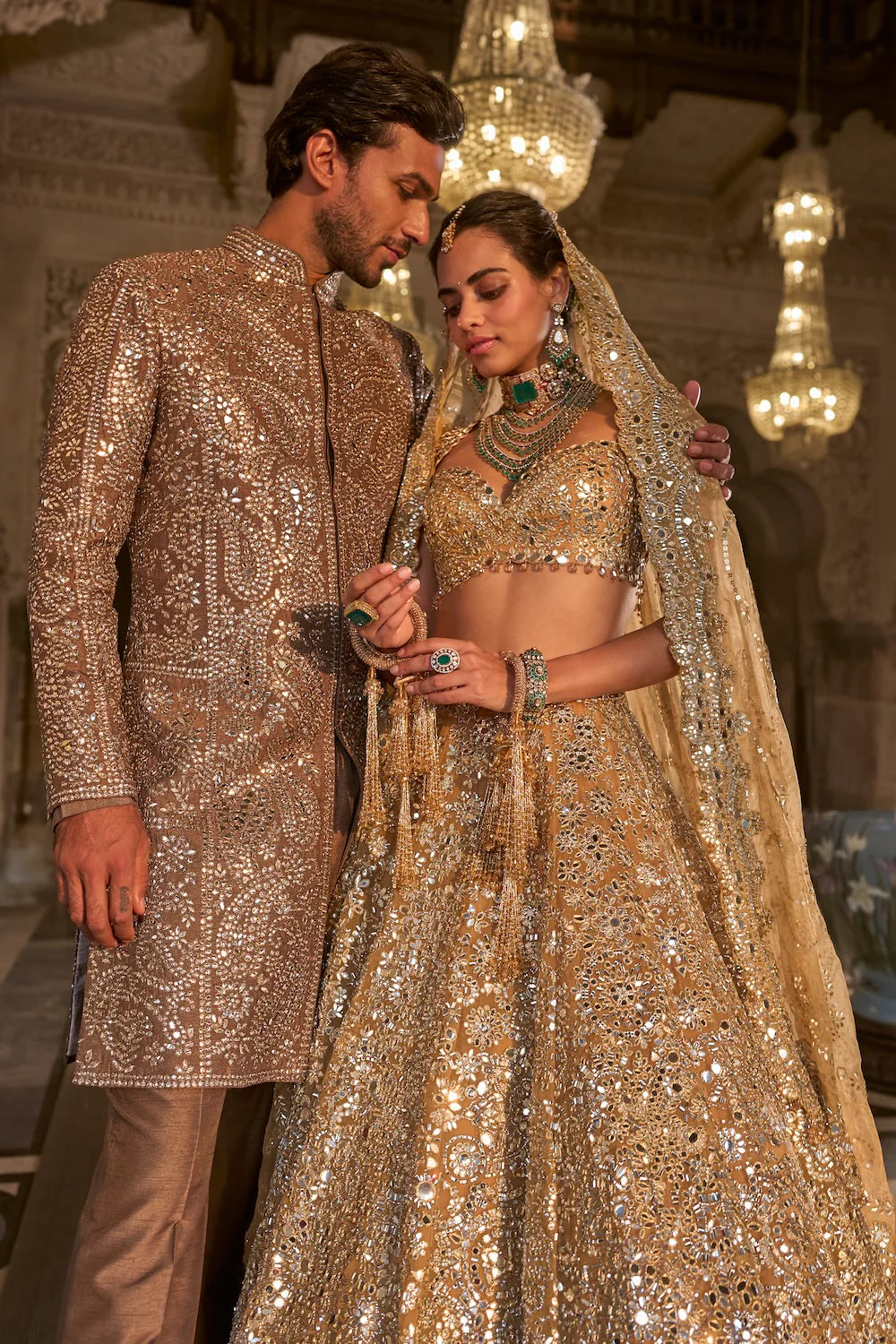 Seema Gujral - Stone Grey Mirror Work Sherwani Set