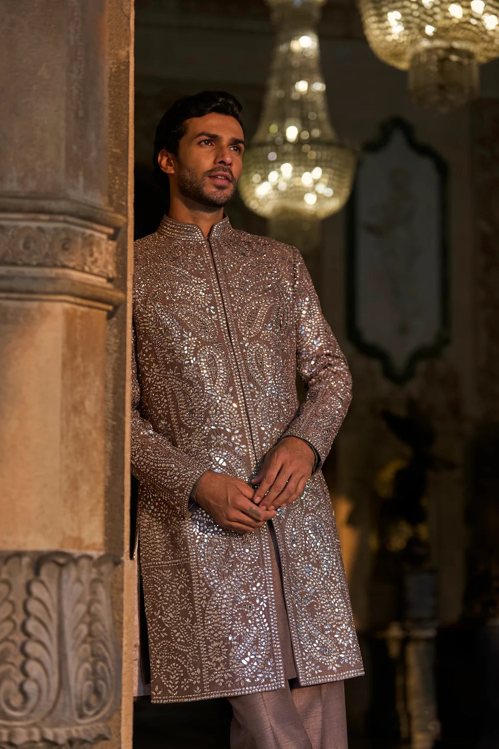 Seema Gujral - Stone Grey Mirror Work Sherwani Set