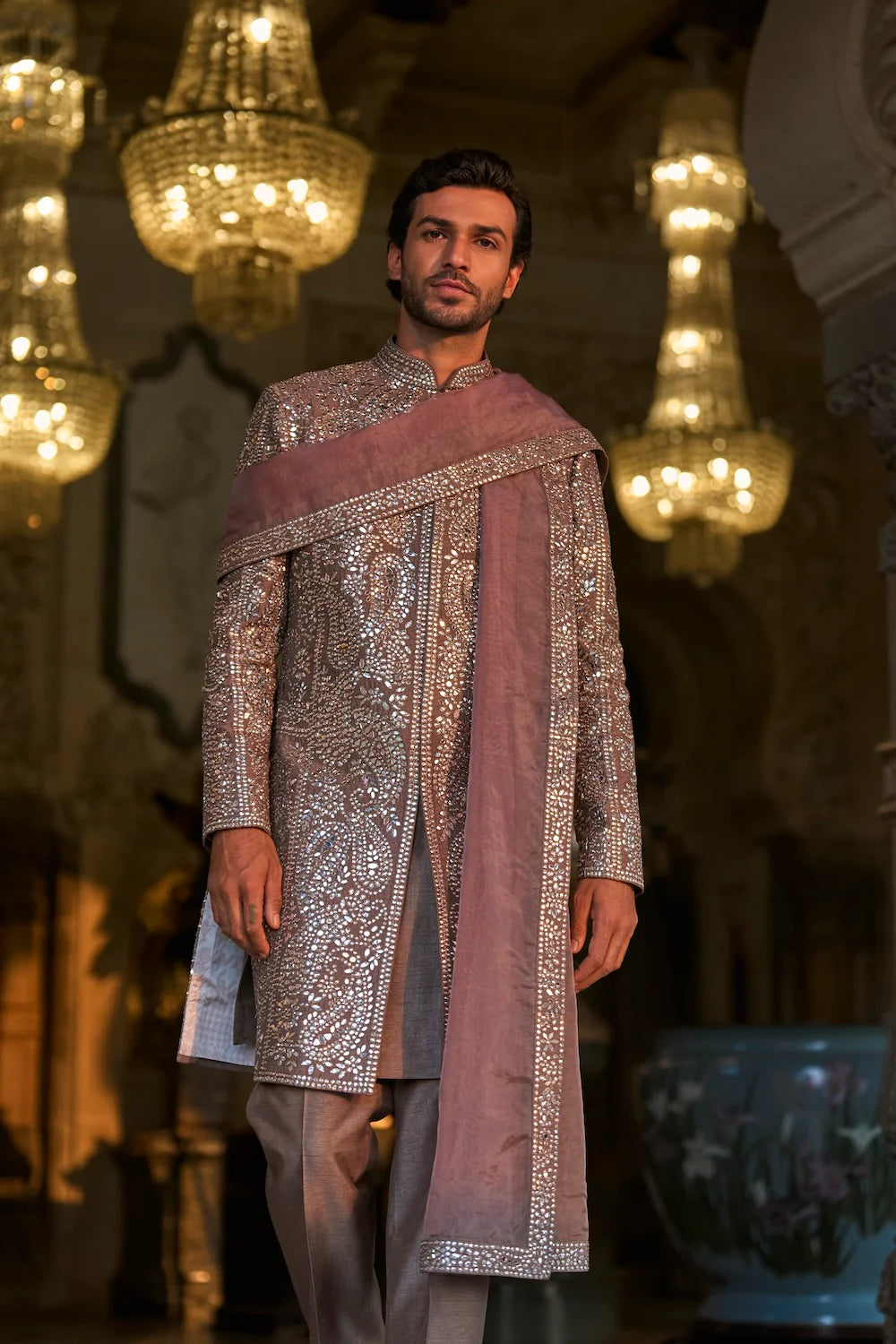 Seema Gujral - Stone Grey Mirror Work Sherwani Set