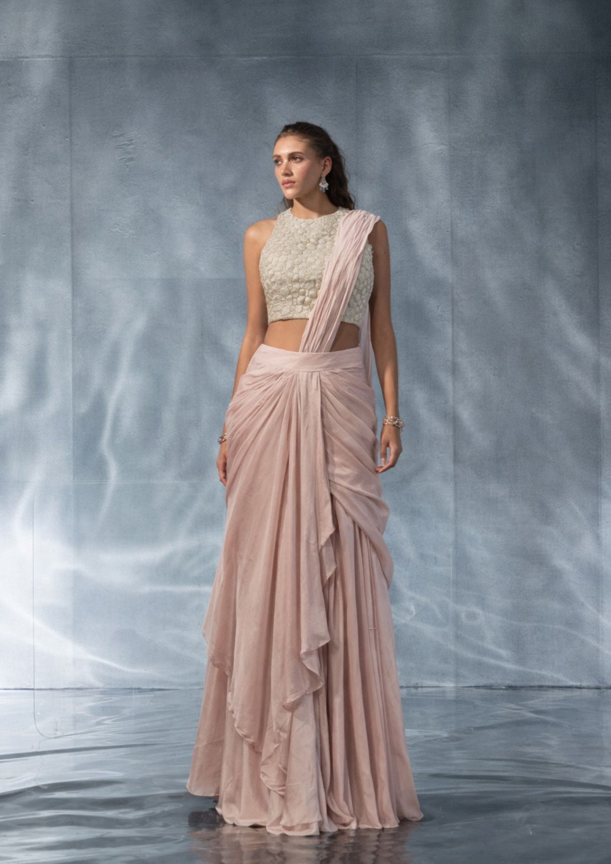 Kalighata Pret -  Blush Pink Fusion Stone Blouse Saree