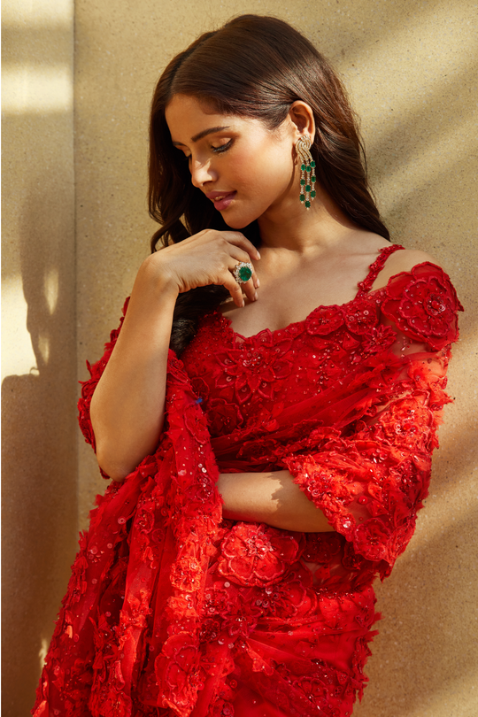 Seema Gujral - Ruby Red Floral Saree