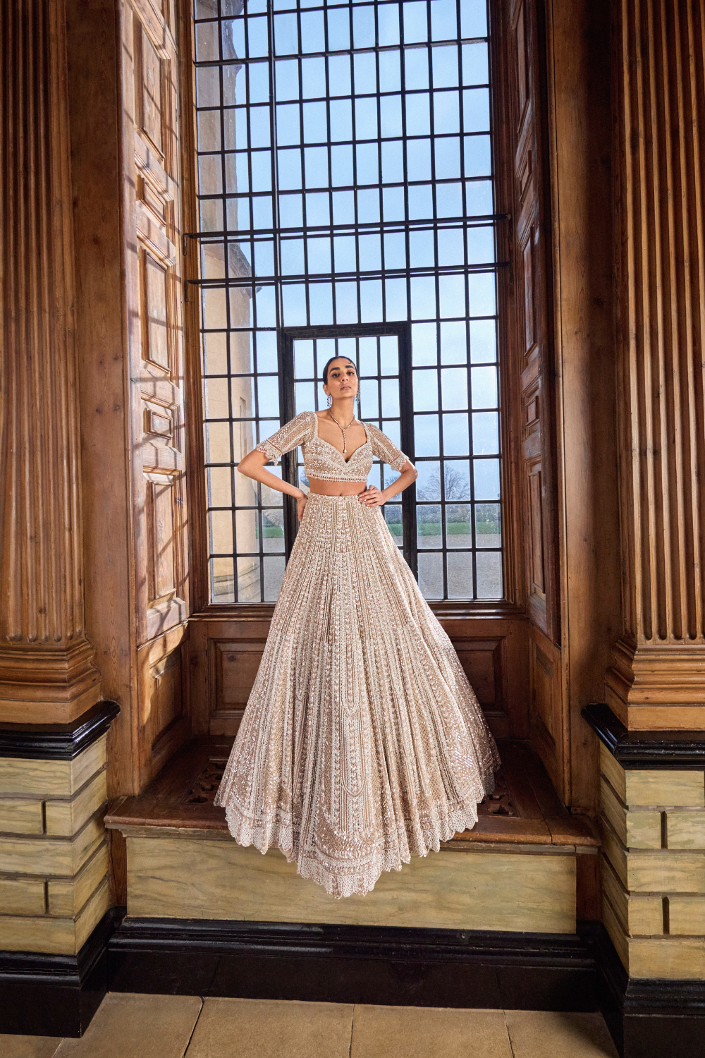 Seema Gujral - Champagne Pearl Lehenga Set
