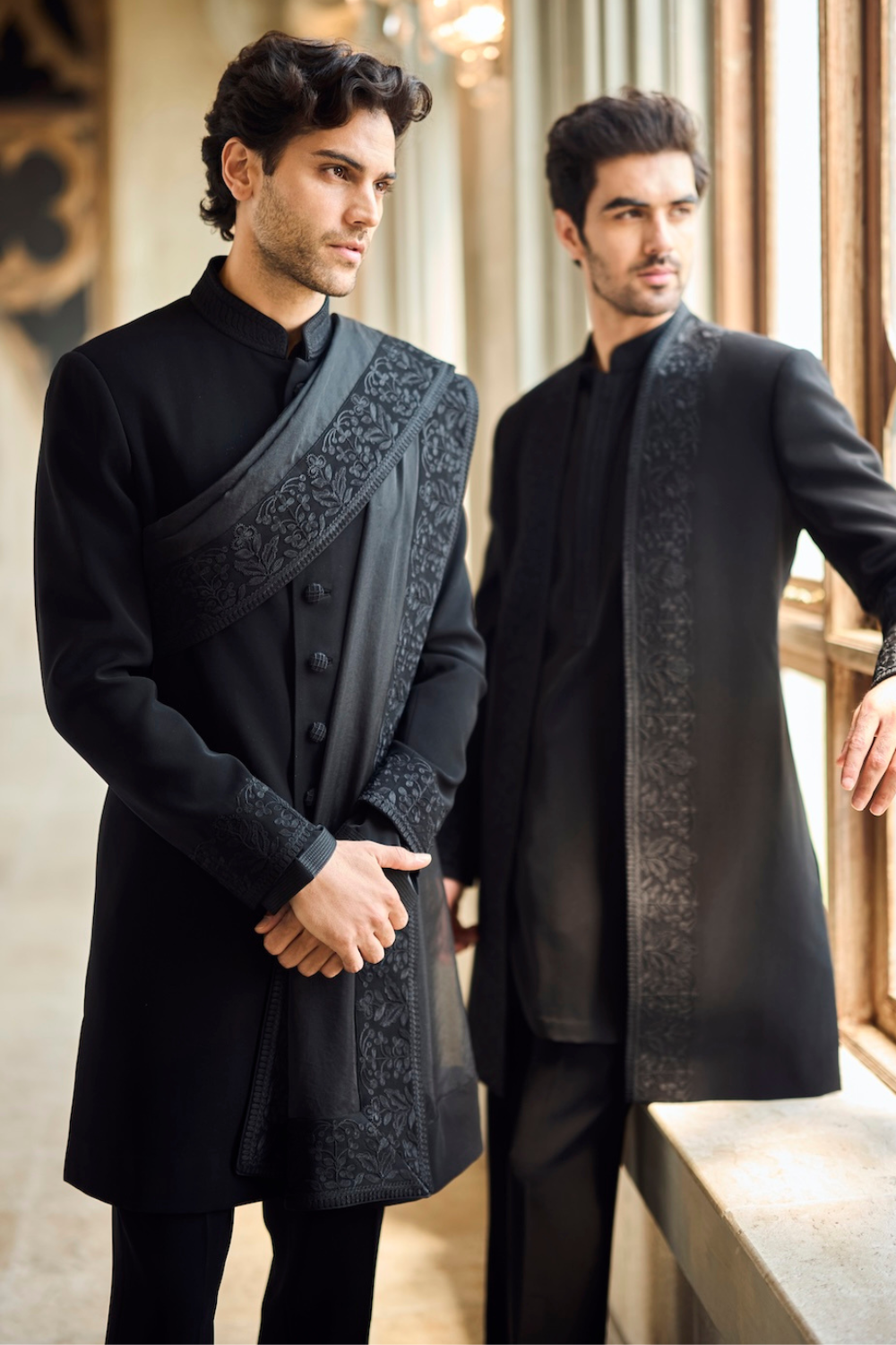 Seema Gujral - Black Thread Work Open Jacket Set