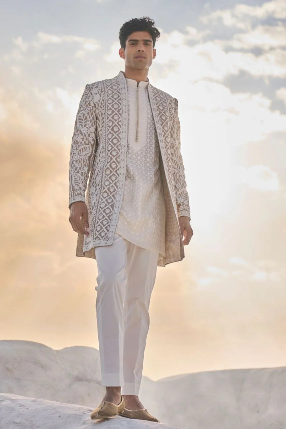 Seema Gujral - Ishaan Khatter in Nude Cream Open Sherwani Set