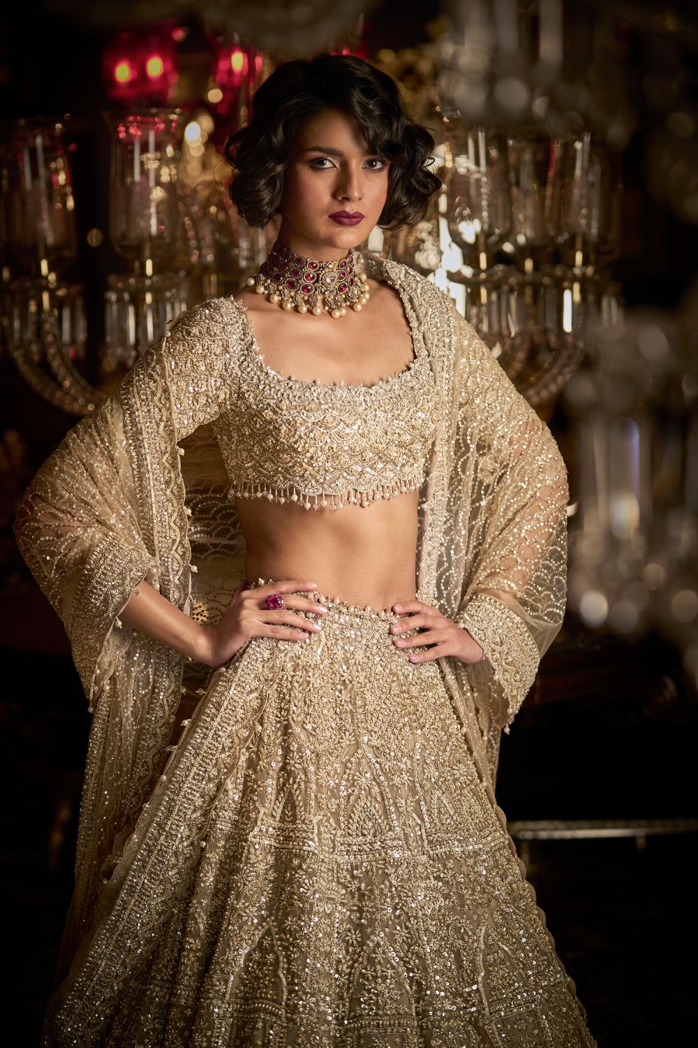 Seema Gujral - Champagne Pearl Lehenga Set