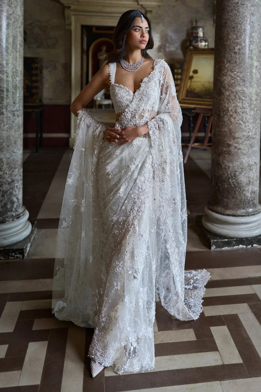 Seema Gujral - Ivory Three-Dimensional Saree