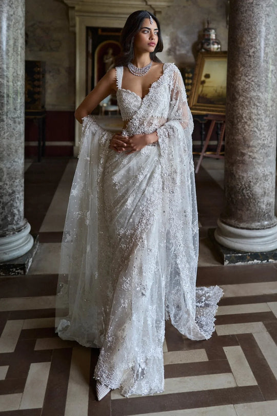 Seema Gujral - Ivory Three-Dimensional Saree
