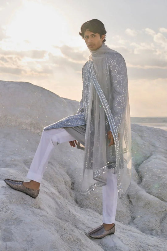 Seema Gujral - Metallic Grey Mirror Work Sherwani Set