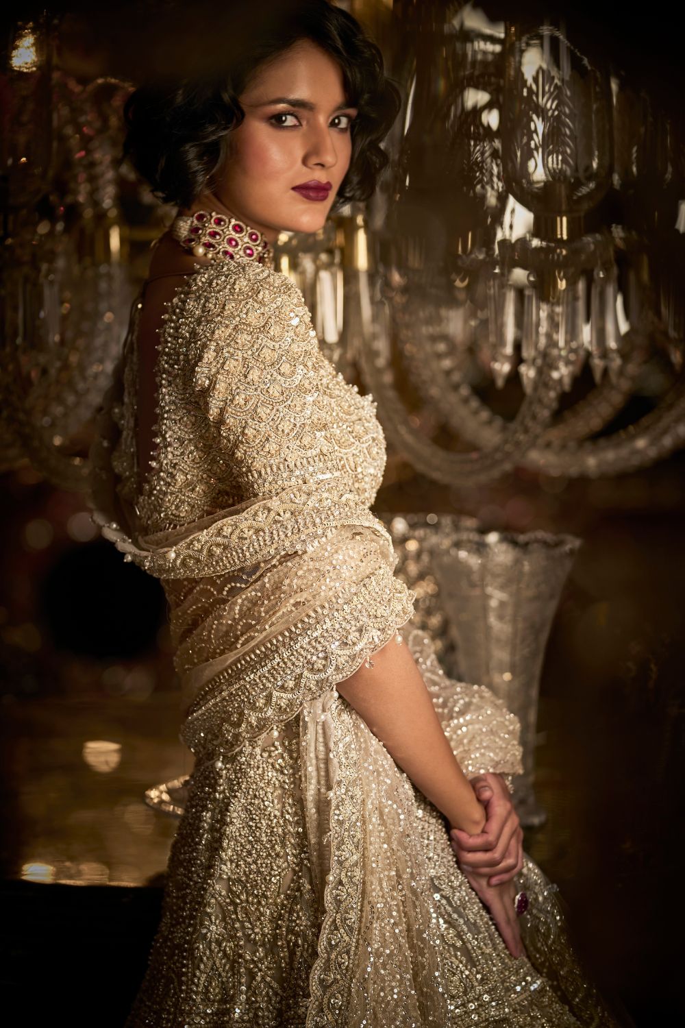 Seema Gujral - Champagne Pearl Lehenga Set