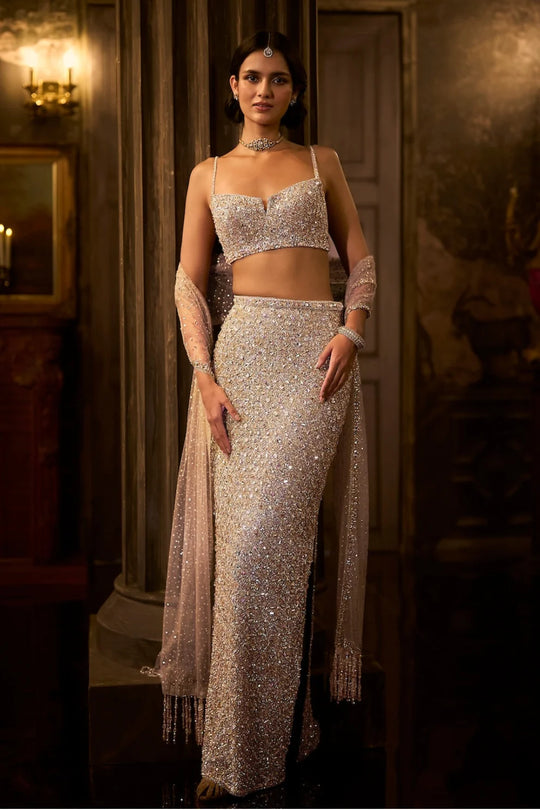 Seema Gujral - Silver Gold Crystal Skirt Set