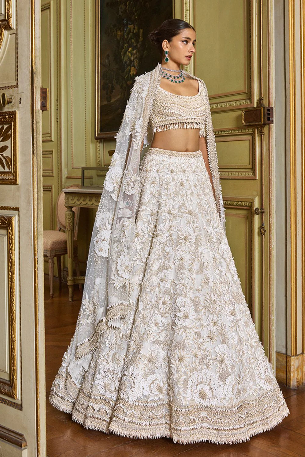 Seema Gujral - Ivory Gold Three-Dimensional Lehenga Set
