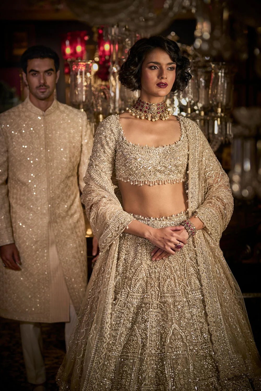 Seema Gujral - Nude Thread Sequin Work Sequin Sherwani Set