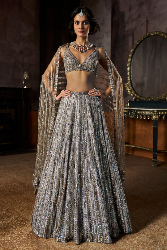 Seema Gujral - Charcoal Multi-Coloured Crystal Lehenga Set