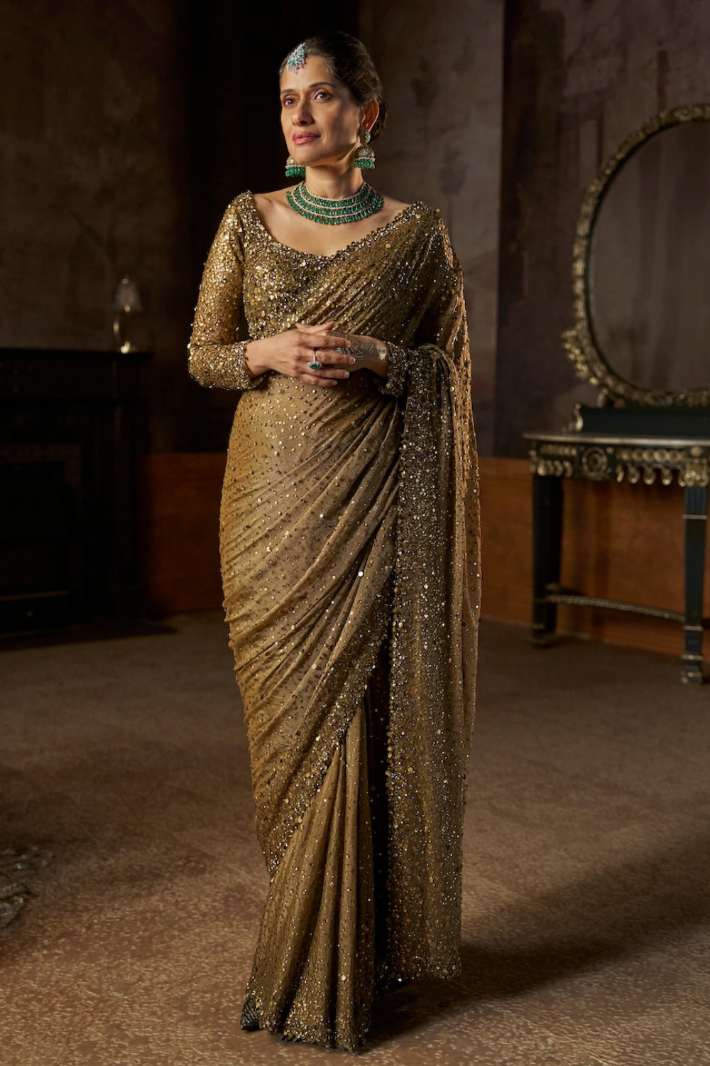 Seema Gujral - Antique Gold Georgette Sequin Saree