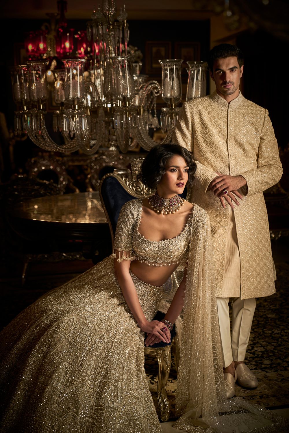 Seema Gujral - Champagne Pearl Lehenga Set