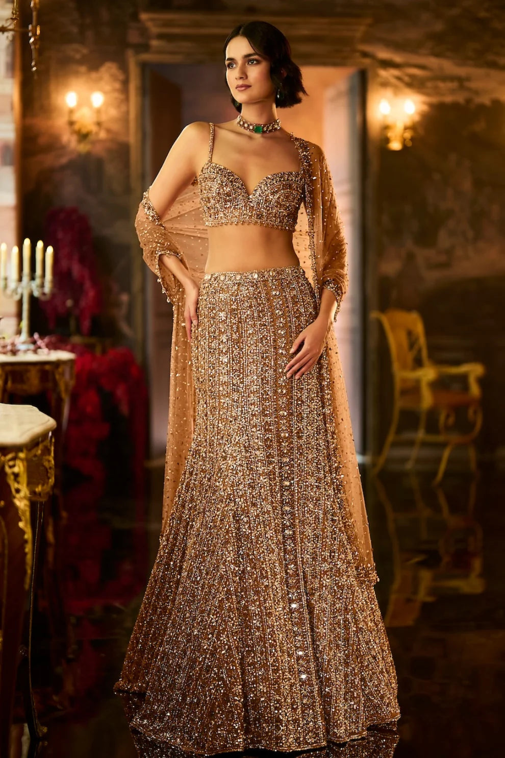 Seema Gujral - Antique Gold Crystal Fit &amp; Flare Skirt Set