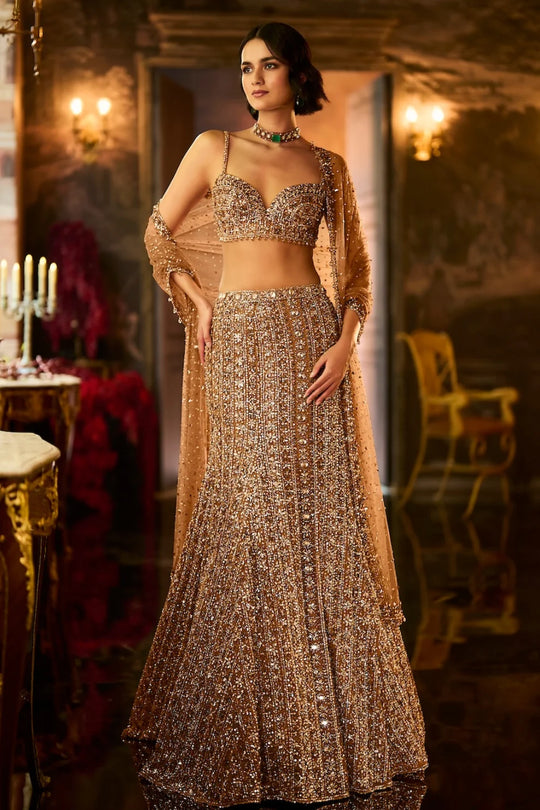 Seema Gujral - Antique Gold Crystal Fit &amp; Flare Skirt Set