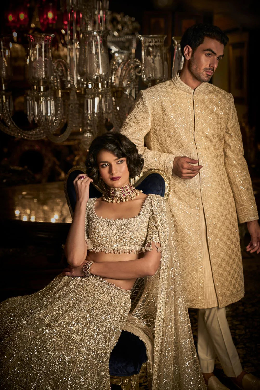 Seema Gujral - Nude Thread Sequin Work Sequin Sherwani Set