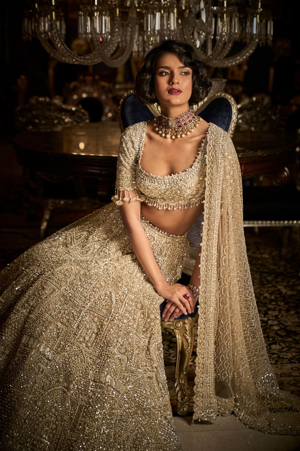 Seema Gujral - Champagne Pearl Lehenga Set