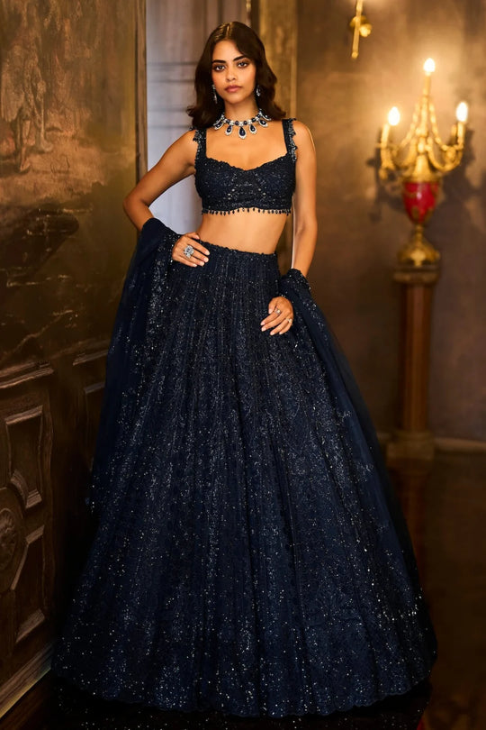 Seema Gujral - Navy Crystal Lehenga Set