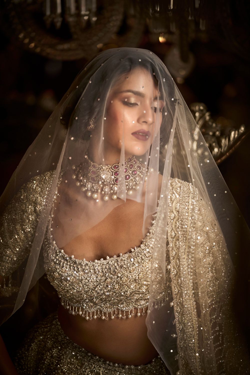 Seema Gujral - Champagne Pearl Lehenga Set