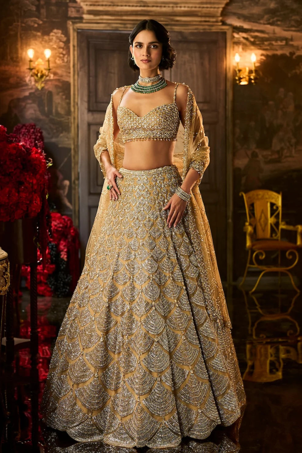 Seema Gujral - Gold Sequin &amp; Crystal Lehenga Set