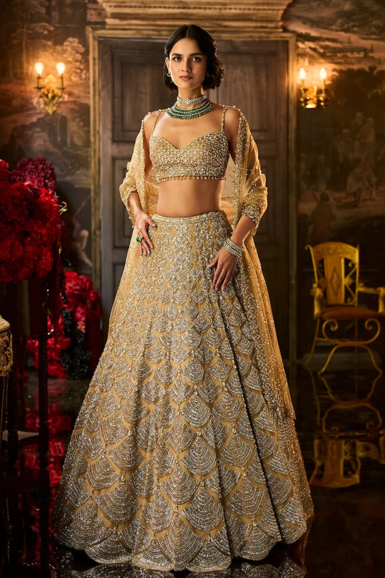 Seema Gujral - Gold Sequin &amp; Crystal Lehenga Set