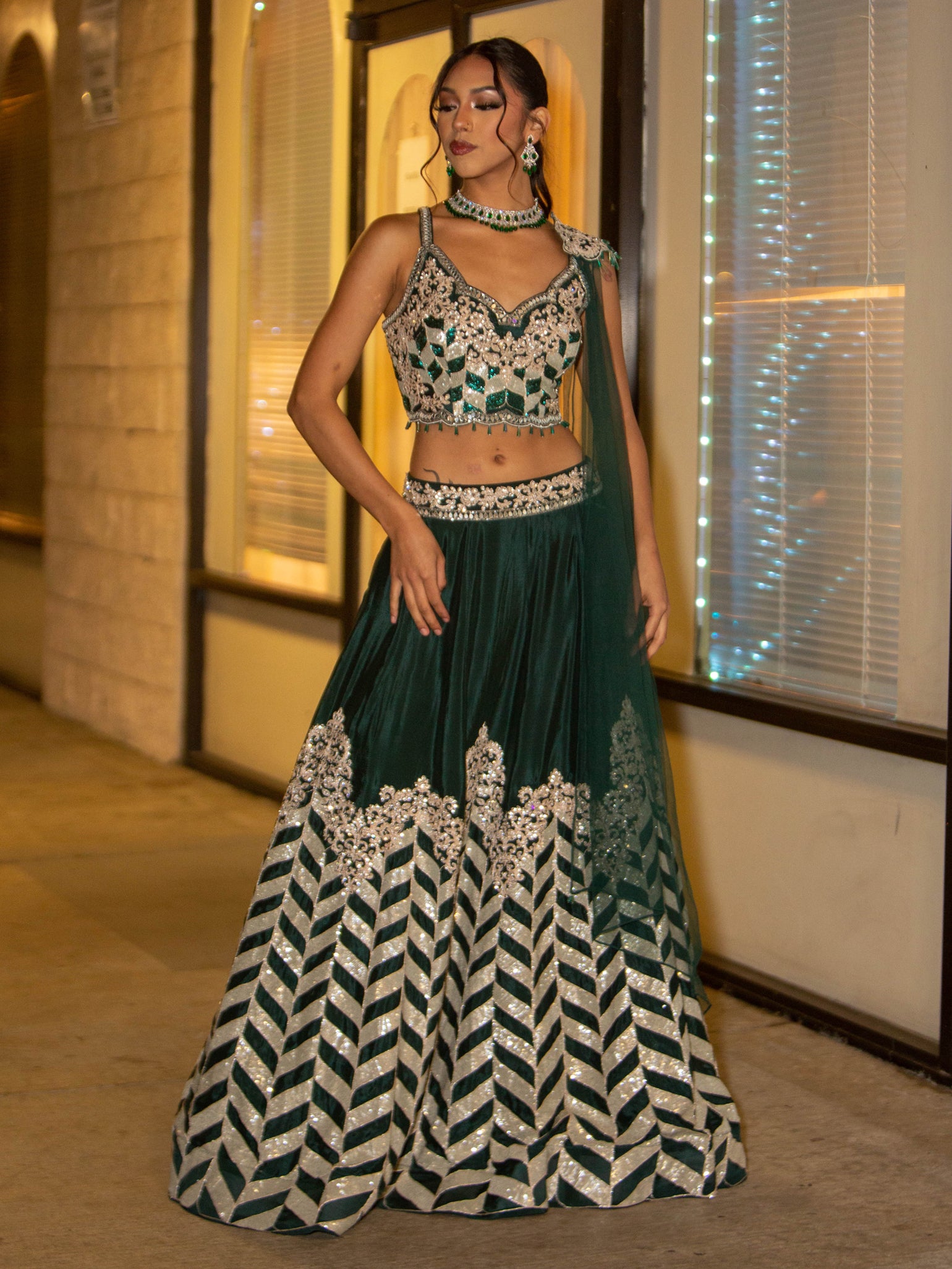 Navratra Crepe Lehenga in Dark Green : LJA319