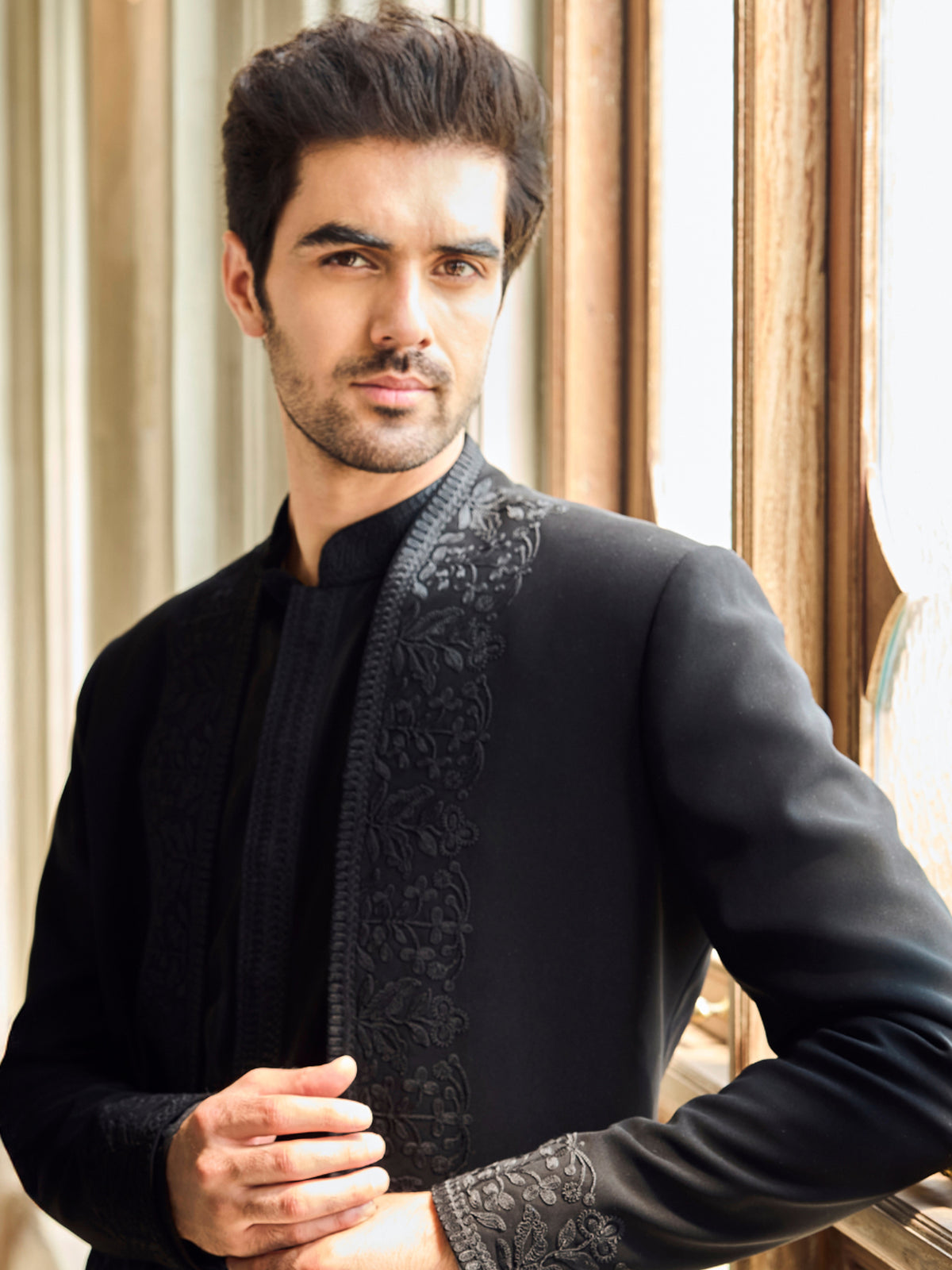 Seema Gujral - Black Thread Work Open Jacket Set