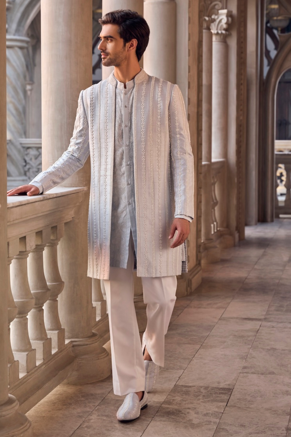 Seema Gujral - Powder Blue Pearl Open Sherwani Set