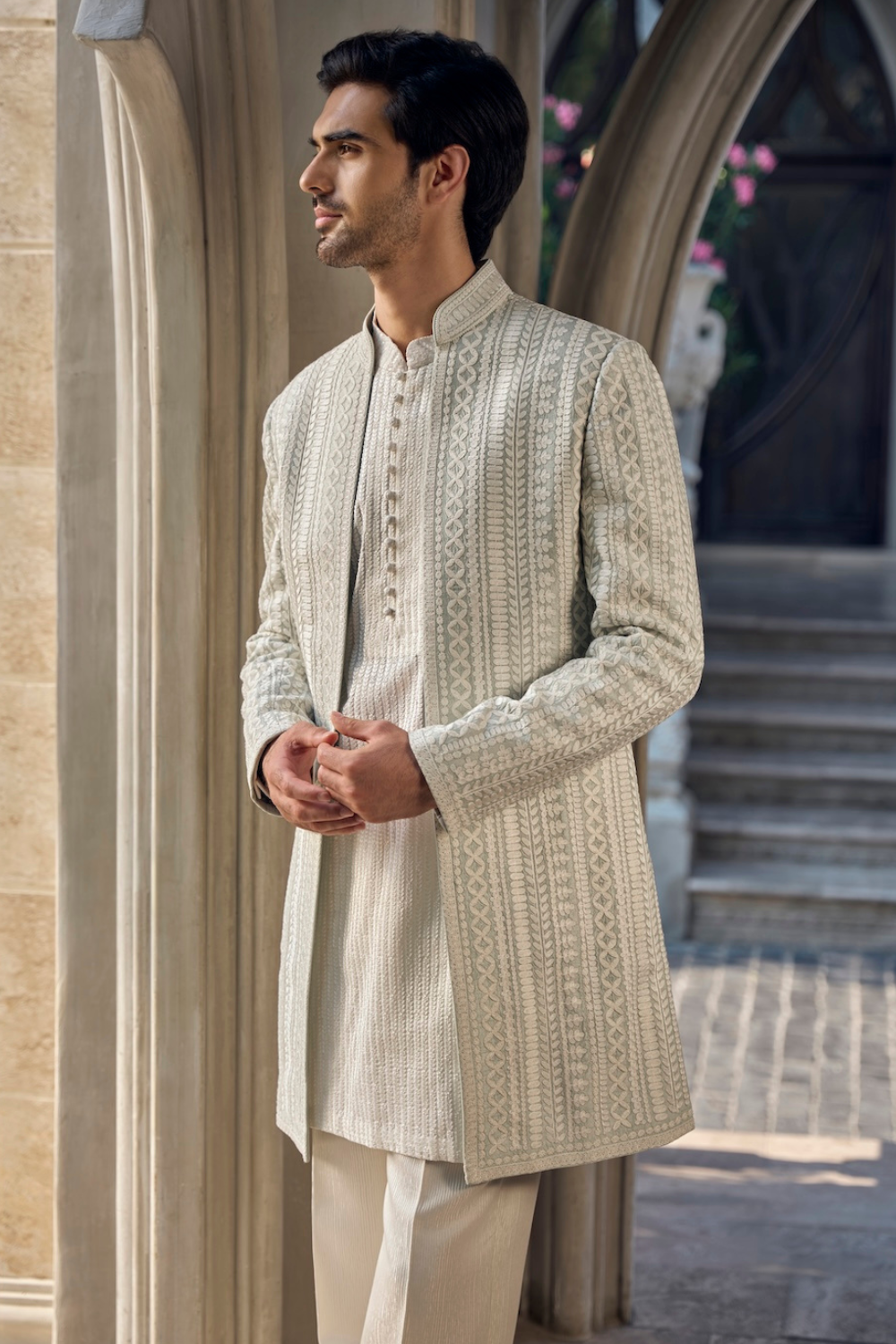 Seema Gujral - Grey Ivory Open Jacket Set